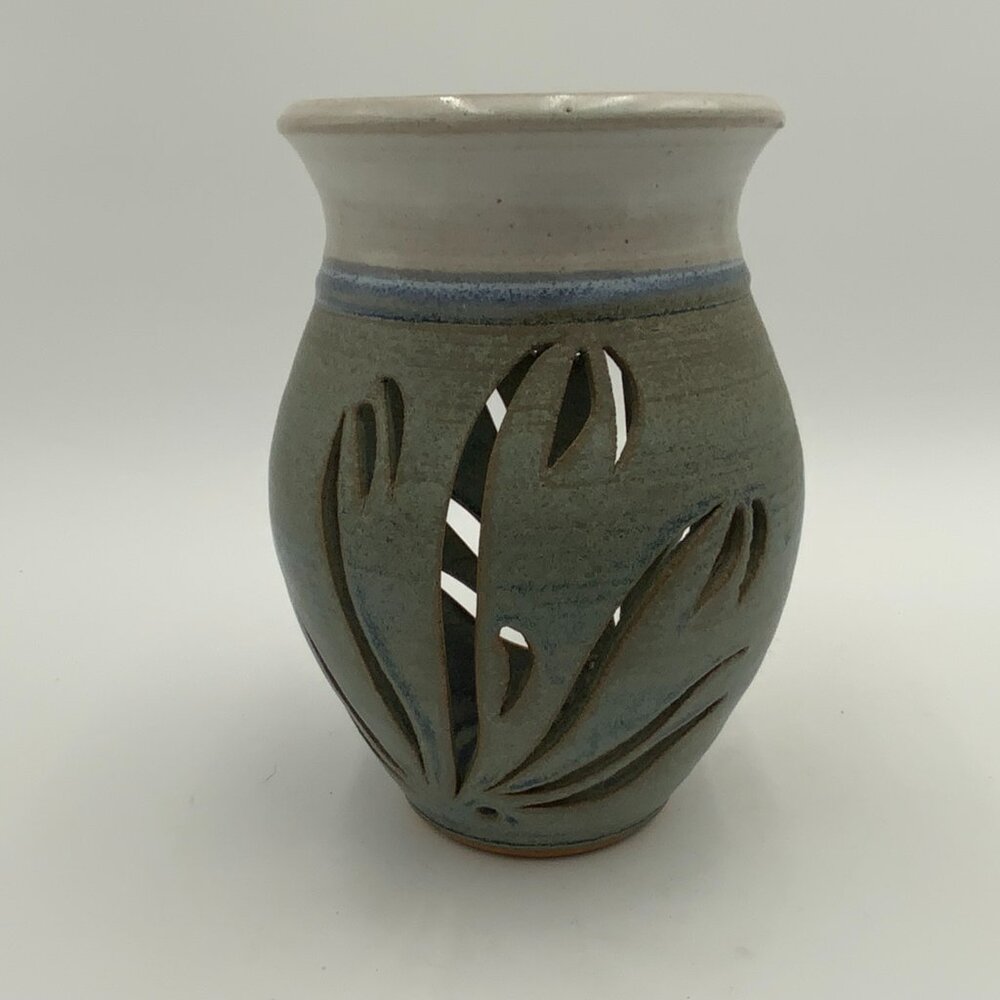 Signed Art Pottery Lantern Pot w Cutouts Candle Holder Shadow Luminary